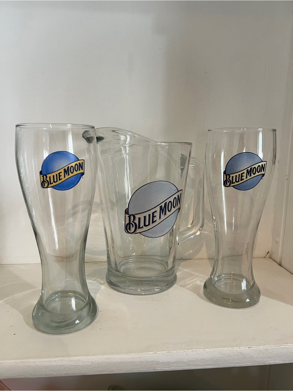 Blue Moon Glass Pitcher and Two Pilsner Glasses - Blue Logo